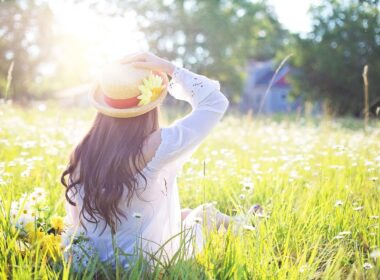 woman, field, beautiful flowers