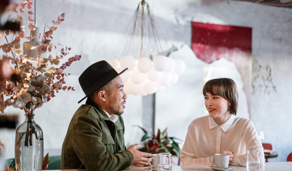 Man in Green Jacket Sitting Beside Woman in Brown Coat