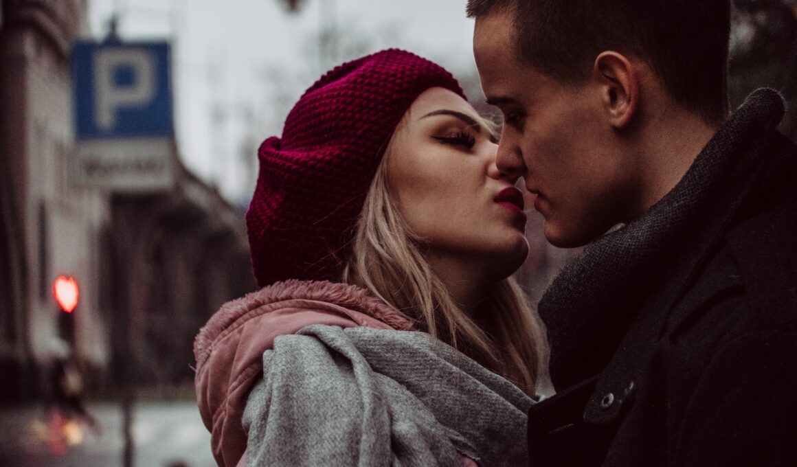 man and woman standing while kissing beside street signage